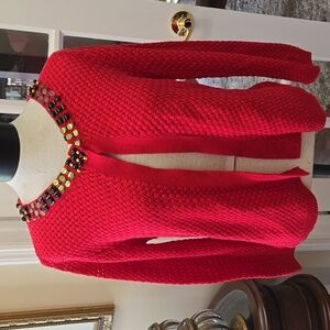 Ruby Rd Red basket weave cardigan sweater embellished neckline size Large EUC…